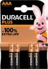 Duracell Alkalinebatterij AAA Plus 100% 4 8 of 12 eenheden online kopen